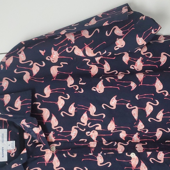 Old Navy Rare Flex XL Flamingo Button Down Shirt NWT Navy Pink - Picture 5 of 12